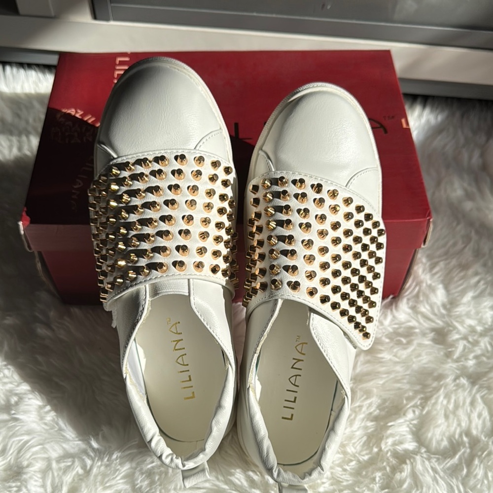 Liliana White Sneakers with Gold Studs